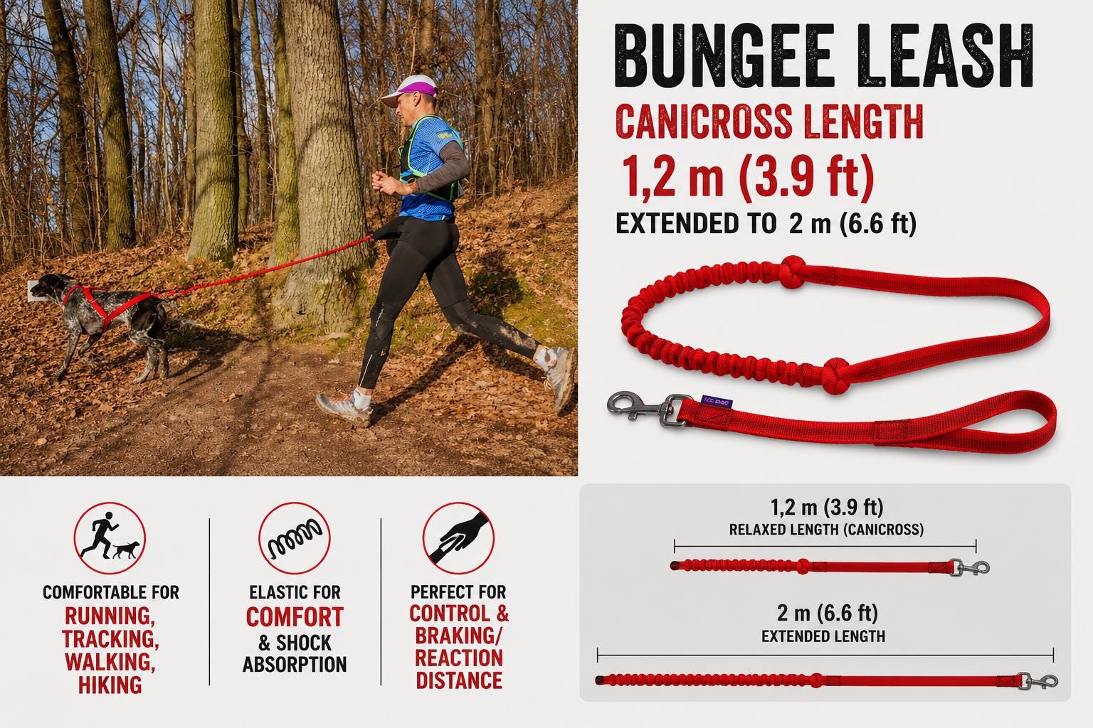Canicross Bungee Leash | 1 Dog Line for Running, Bikejoring & Skijoring | Shock Absorbing Dog Leash